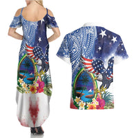 Guam and United States Together Couples Matching Summer Maxi Dress and Hawaiian Shirt Bald Eagle and Guam Seal with Flower and Tribal Tattoos - Wonder Print Shop