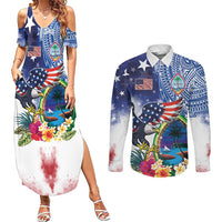 Guam and United States Together Couples Matching Summer Maxi Dress and Long Sleeve Button Shirt Bald Eagle and Guam Seal with Flower and Tribal Tattoos - Wonder Print Shop