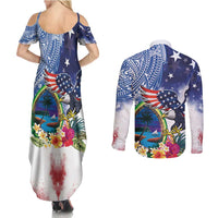 Guam and United States Together Couples Matching Summer Maxi Dress and Long Sleeve Button Shirt Bald Eagle and Guam Seal with Flower and Tribal Tattoos - Wonder Print Shop