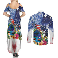 Guam and United States Together Couples Matching Summer Maxi Dress and Long Sleeve Button Shirt Bald Eagle and Guam Seal with Flower and Tribal Tattoos - Wonder Print Shop