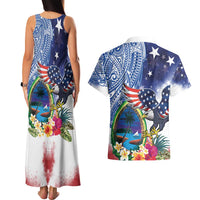 Guam and United States Together Couples Matching Tank Maxi Dress and Hawaiian Shirt Bald Eagle and Guam Seal with Flower and Tribal Tattoos - Wonder Print Shop