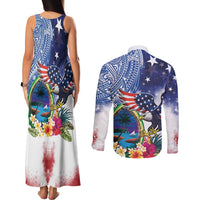 Guam and United States Together Couples Matching Tank Maxi Dress and Long Sleeve Button Shirt Bald Eagle and Guam Seal with Flower and Tribal Tattoos - Wonder Print Shop