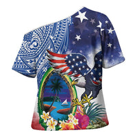 Guam and United States Together Cross Shoulder Shirt Bald Eagle and Guam Seal with Flower and Tribal Tattoos - Wonder Print Shop