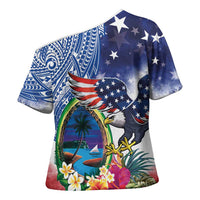 Guam and United States Together Cross Shoulder Shirt Bald Eagle and Guam Seal with Flower and Tribal Tattoos - Wonder Print Shop