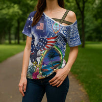 Guam and United States Together Cross Shoulder Shirt Bald Eagle and Guam Seal with Flower and Tribal Tattoos - Wonder Print Shop