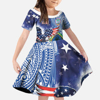 Guam and United States Together Family Matching Long Sleeve Bodycon Dress and Hawaiian Shirt Bald Eagle and Guam Seal with Flower and Tribal Tattoos - Wonder Print Shop