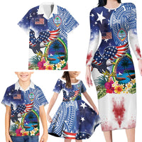 Guam and United States Together Family Matching Long Sleeve Bodycon Dress and Hawaiian Shirt Bald Eagle and Guam Seal with Flower and Tribal Tattoos - Wonder Print Shop