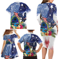 Guam and United States Together Family Matching Long Sleeve Bodycon Dress and Hawaiian Shirt Bald Eagle and Guam Seal with Flower and Tribal Tattoos - Wonder Print Shop