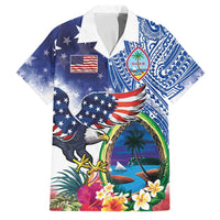 Guam and United States Together Family Matching Long Sleeve Bodycon Dress and Hawaiian Shirt Bald Eagle and Guam Seal with Flower and Tribal Tattoos - Wonder Print Shop