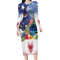 Guam and United States Together Family Matching Long Sleeve Bodycon Dress and Hawaiian Shirt Bald Eagle and Guam Seal with Flower and Tribal Tattoos - Wonder Print Shop