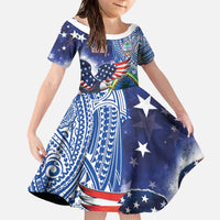 Guam and United States Together Family Matching Off The Shoulder Long Sleeve Dress and Hawaiian Shirt Bald Eagle and Guam Seal with Flower and Tribal Tattoos - Wonder Print Shop