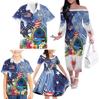 Guam and United States Together Family Matching Off The Shoulder Long Sleeve Dress and Hawaiian Shirt Bald Eagle and Guam Seal with Flower and Tribal Tattoos - Wonder Print Shop