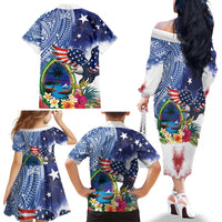 Guam and United States Together Family Matching Off The Shoulder Long Sleeve Dress and Hawaiian Shirt Bald Eagle and Guam Seal with Flower and Tribal Tattoos - Wonder Print Shop