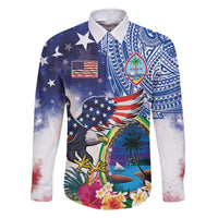 Guam and United States Together Family Matching Off The Shoulder Long Sleeve Dress and Hawaiian Shirt Bald Eagle and Guam Seal with Flower and Tribal Tattoos - Wonder Print Shop