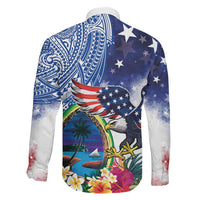 Guam and United States Together Family Matching Off The Shoulder Long Sleeve Dress and Hawaiian Shirt Bald Eagle and Guam Seal with Flower and Tribal Tattoos - Wonder Print Shop