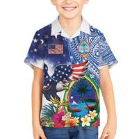 Guam and United States Together Family Matching Off The Shoulder Long Sleeve Dress and Hawaiian Shirt Bald Eagle and Guam Seal with Flower and Tribal Tattoos - Wonder Print Shop