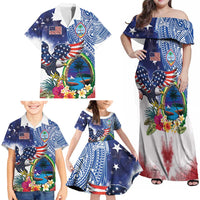 Guam and United States Together Family Matching Off Shoulder Maxi Dress and Hawaiian Shirt Bald Eagle and Guam Seal with Flower and Tribal Tattoos - Wonder Print Shop