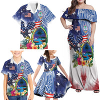 Guam and United States Together Family Matching Off Shoulder Maxi Dress and Hawaiian Shirt Bald Eagle and Guam Seal with Flower and Tribal Tattoos - Wonder Print Shop