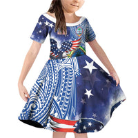 Guam and United States Together Family Matching Off Shoulder Short Dress and Hawaiian Shirt Bald Eagle and Guam Seal with Flower and Tribal Tattoos - Wonder Print Shop