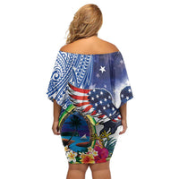 Guam and United States Together Family Matching Off Shoulder Short Dress and Hawaiian Shirt Bald Eagle and Guam Seal with Flower and Tribal Tattoos - Wonder Print Shop