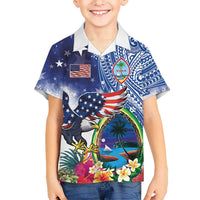 Guam and United States Together Family Matching Off Shoulder Short Dress and Hawaiian Shirt Bald Eagle and Guam Seal with Flower and Tribal Tattoos - Wonder Print Shop