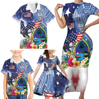 Guam and United States Together Family Matching Short Sleeve Bodycon Dress and Hawaiian Shirt Bald Eagle and Guam Seal with Flower and Tribal Tattoos - Wonder Print Shop