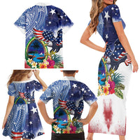 Guam and United States Together Family Matching Short Sleeve Bodycon Dress and Hawaiian Shirt Bald Eagle and Guam Seal with Flower and Tribal Tattoos - Wonder Print Shop