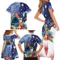 Guam and United States Together Family Matching Short Sleeve Bodycon Dress and Hawaiian Shirt Bald Eagle and Guam Seal with Flower and Tribal Tattoos - Wonder Print Shop