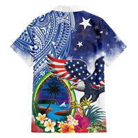 Guam and United States Together Family Matching Short Sleeve Bodycon Dress and Hawaiian Shirt Bald Eagle and Guam Seal with Flower and Tribal Tattoos - Wonder Print Shop