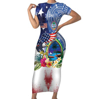Guam and United States Together Family Matching Short Sleeve Bodycon Dress and Hawaiian Shirt Bald Eagle and Guam Seal with Flower and Tribal Tattoos - Wonder Print Shop