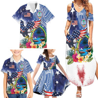 Guam and United States Together Family Matching Summer Maxi Dress and Hawaiian Shirt Bald Eagle and Guam Seal with Flower and Tribal Tattoos - Wonder Print Shop