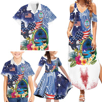 Guam and United States Together Family Matching Summer Maxi Dress and Hawaiian Shirt Bald Eagle and Guam Seal with Flower and Tribal Tattoos - Wonder Print Shop