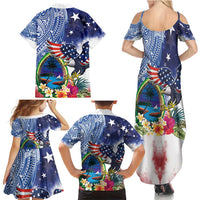 Guam and United States Together Family Matching Summer Maxi Dress and Hawaiian Shirt Bald Eagle and Guam Seal with Flower and Tribal Tattoos - Wonder Print Shop
