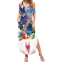 Guam and United States Together Family Matching Summer Maxi Dress and Hawaiian Shirt Bald Eagle and Guam Seal with Flower and Tribal Tattoos - Wonder Print Shop