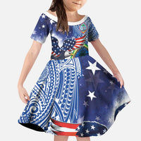 Guam and United States Together Kid Short Sleeve Dress Bald Eagle and Guam Seal with Flower and Tribal Tattoos - Wonder Print Shop