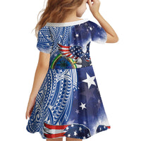 Guam and United States Together Kid Short Sleeve Dress Bald Eagle and Guam Seal with Flower and Tribal Tattoos - Wonder Print Shop