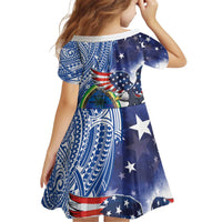 Guam and United States Together Kid Short Sleeve Dress Bald Eagle and Guam Seal with Flower and Tribal Tattoos - Wonder Print Shop