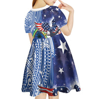Guam and United States Together Kid Short Sleeve Dress Bald Eagle and Guam Seal with Flower and Tribal Tattoos - Wonder Print Shop