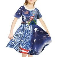 Guam and United States Together Kid Short Sleeve Dress Bald Eagle and Guam Seal with Flower and Tribal Tattoos - Wonder Print Shop