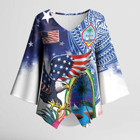 Guam and United States Together Kimono Sleeve Blouse Bald Eagle and Guam Seal with Flower and Tribal Tattoos - Wonder Print Shop