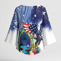 Guam and United States Together Kimono Sleeve Blouse Bald Eagle and Guam Seal with Flower and Tribal Tattoos - Wonder Print Shop