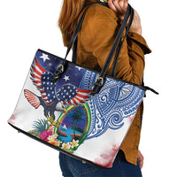 Guam and United States Together Leather Tote Bag Bald Eagle and Guam Seal with Flower and Tribal Tattoos - Wonder Print Shop