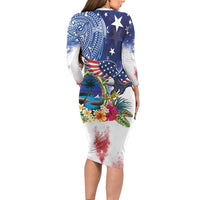 Guam and United States Together Long Sleeve Bodycon Dress Bald Eagle and Guam Seal with Flower and Tribal Tattoos - Wonder Print Shop
