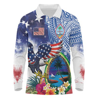 Guam and United States Together Long Sleeve Polo Shirt Bald Eagle and Guam Seal with Flower and Tribal Tattoos - Wonder Print Shop