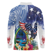 Guam and United States Together Long Sleeve Polo Shirt Bald Eagle and Guam Seal with Flower and Tribal Tattoos - Wonder Print Shop