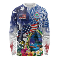 Guam and United States Together Long Sleeve Shirt Bald Eagle and Guam Seal with Flower and Tribal Tattoos - Wonder Print Shop