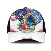 Guam and United States Together Mesh Trucker Cap Bald Eagle and Guam Seal with Flower and Tribal Tattoos - Wonder Print Shop