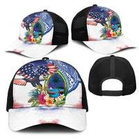 Guam and United States Together Mesh Trucker Cap Bald Eagle and Guam Seal with Flower and Tribal Tattoos - Wonder Print Shop