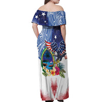 Guam and United States Together Off Shoulder Maxi Dress Bald Eagle and Guam Seal with Flower and Tribal Tattoos - Wonder Print Shop