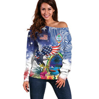 Guam and United States Together Off Shoulder Sweater Bald Eagle and Guam Seal with Flower and Tribal Tattoos - Wonder Print Shop
